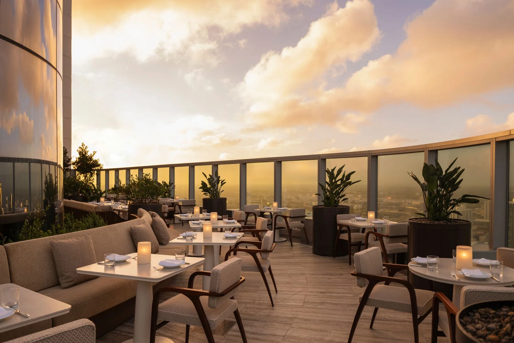SEIA Miami rooftop terrace at 830 Brickell, with glass walls and sunset views