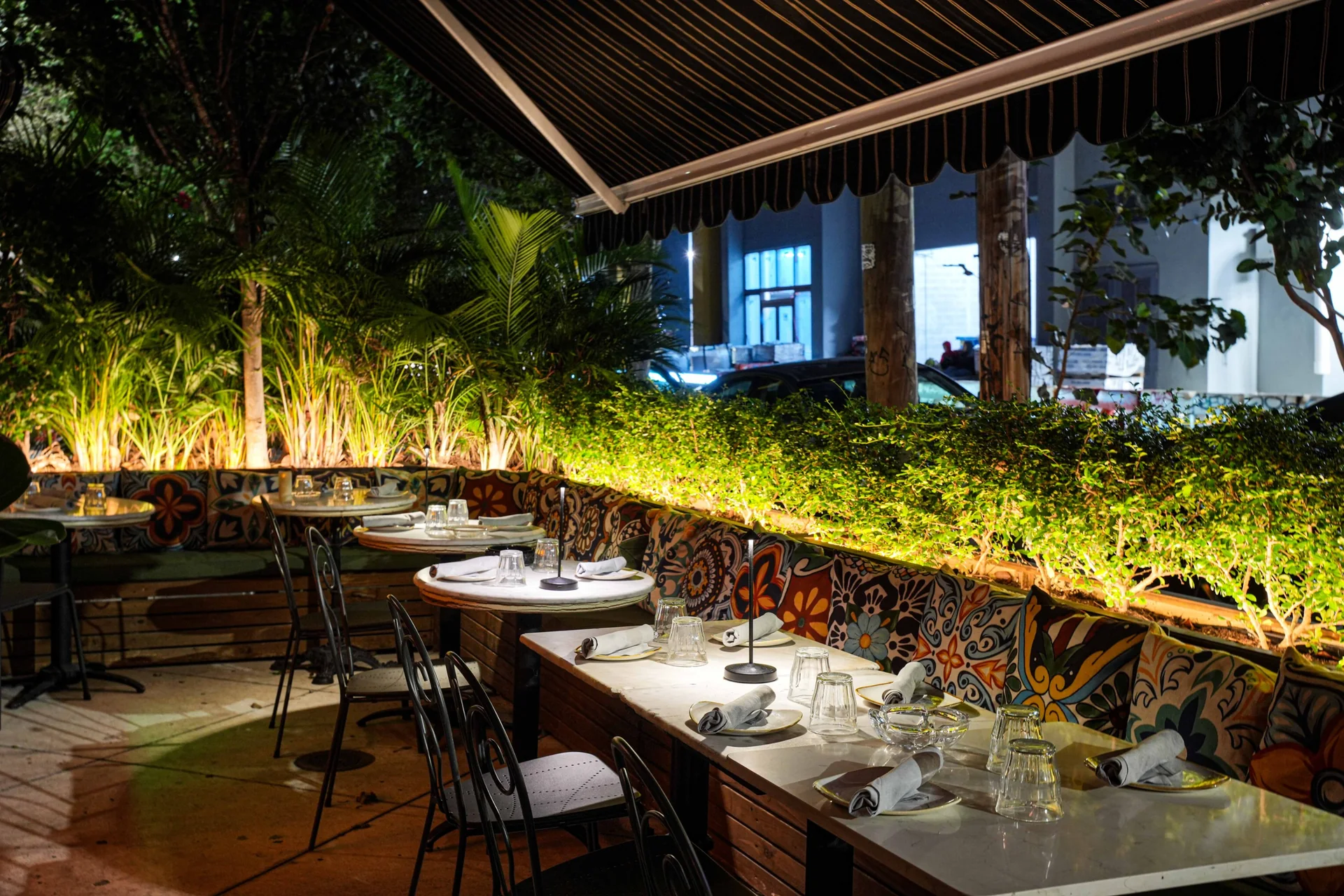 Outdoor garden terrace dining at SHA Wynwood in Miami